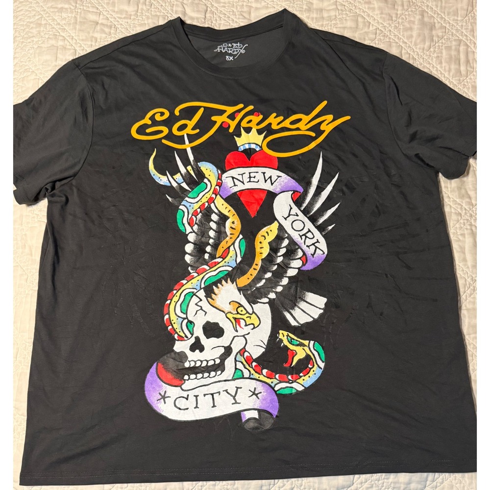 Ed Hardy T-Shirt Mens 3X Black New York City Eagle Skull Graphic